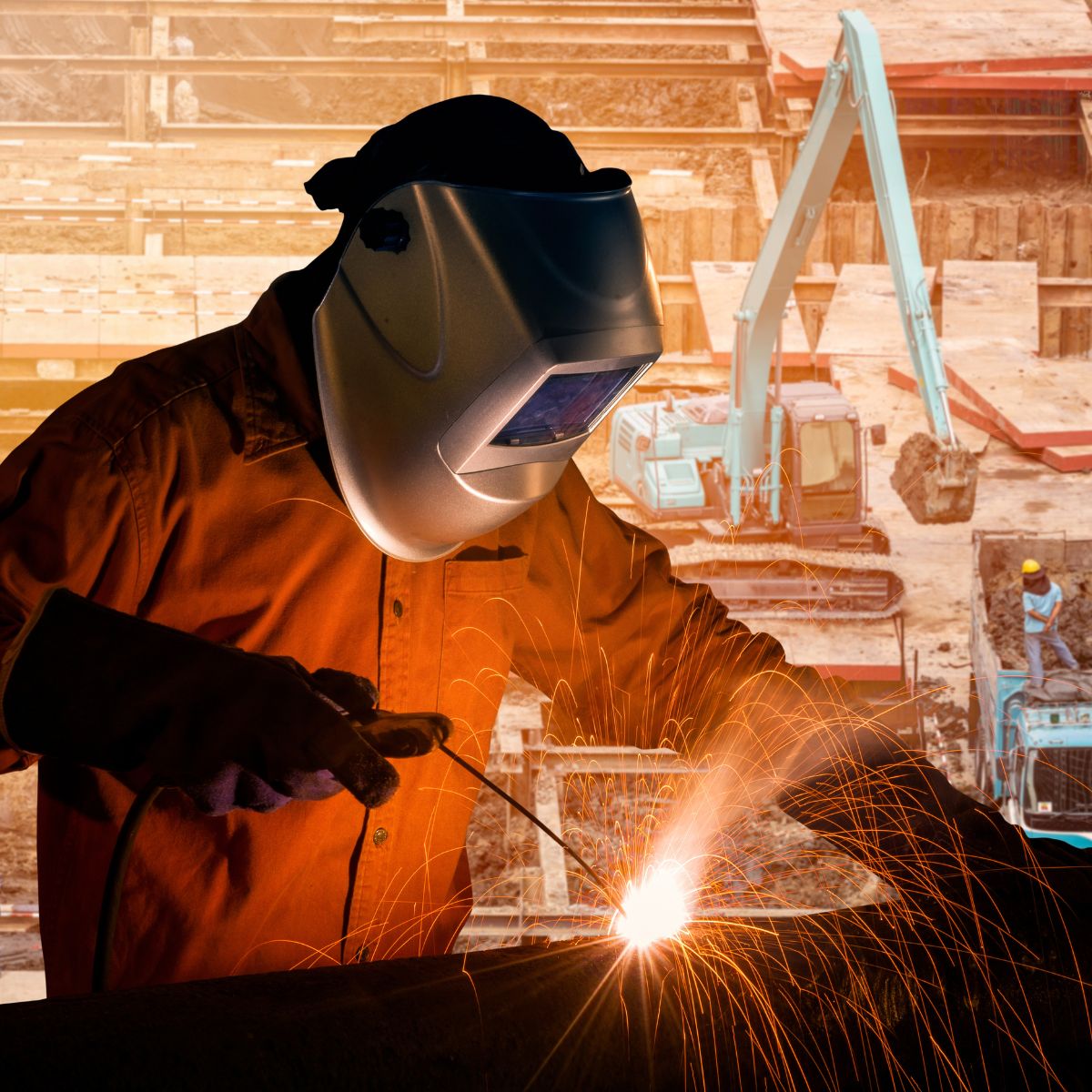 Heavy equipment field service technician welding new bucket attachment on jobsite.