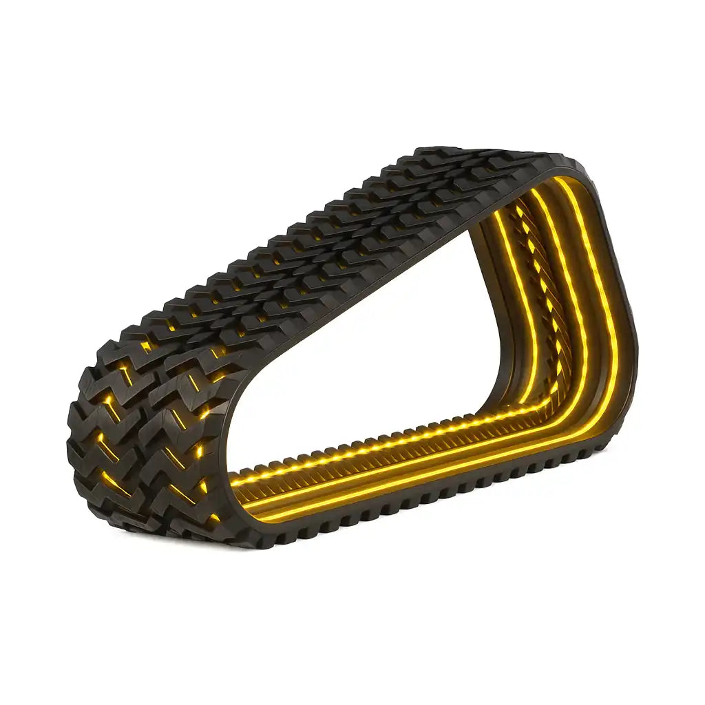 A black rubber continuous track with glowing golden interior treads.
