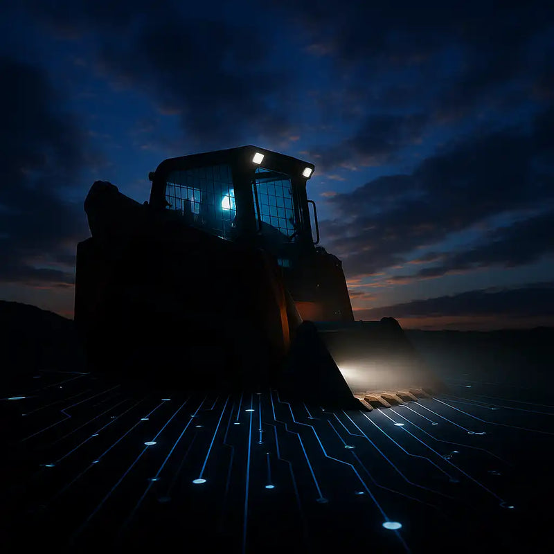 A bulldozer with illuminated cab and headlights.