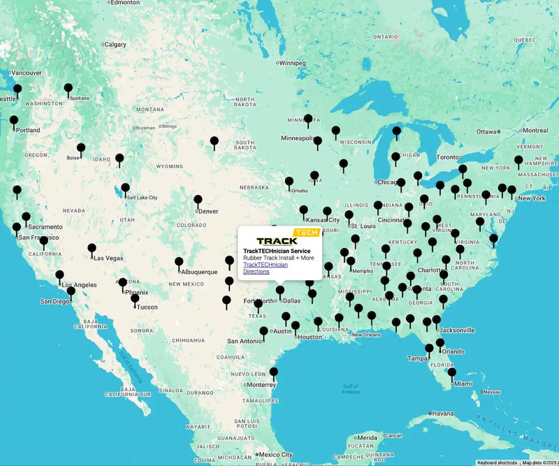 North American map with numerous location pins and a service pop-up.