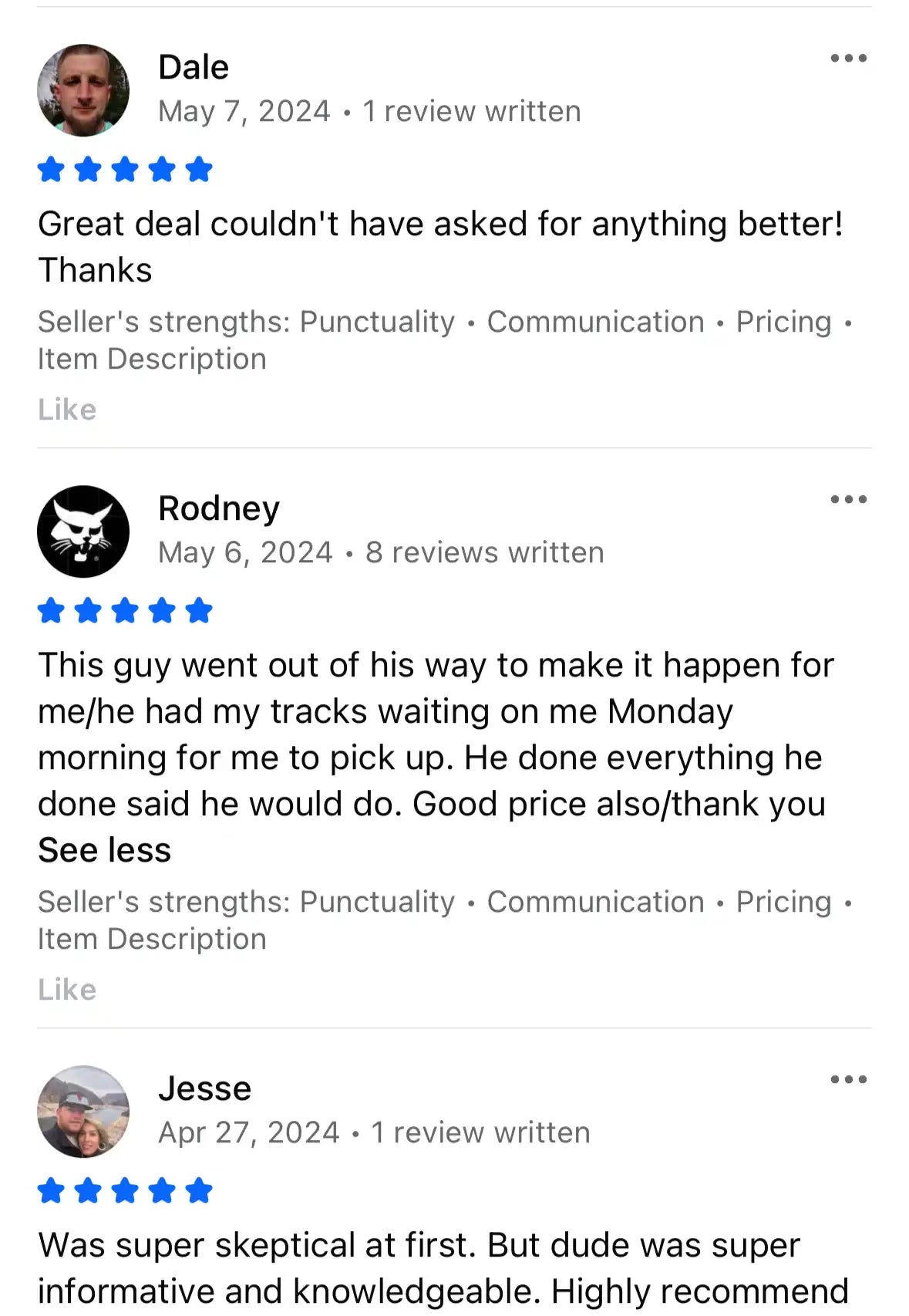 Three positive customer reviews for a service.